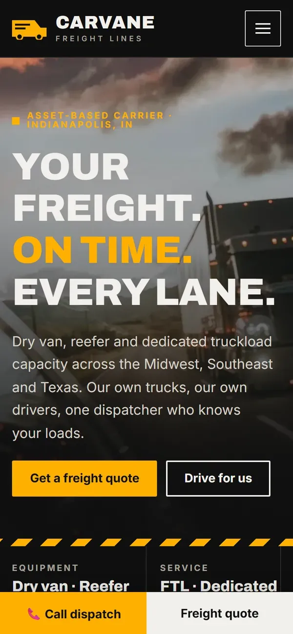 Carvane Freight Lines concept website on a phone